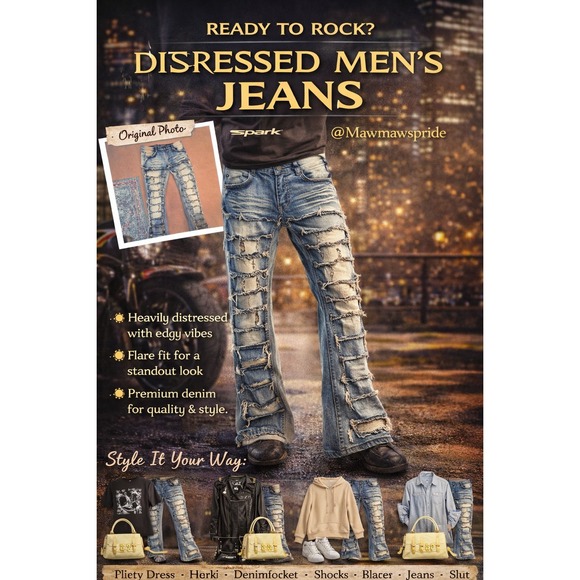 Spark Other - Spark Mens Premium Denim Studio Collection Flare Fit Distressed Jeans Blue 32x36